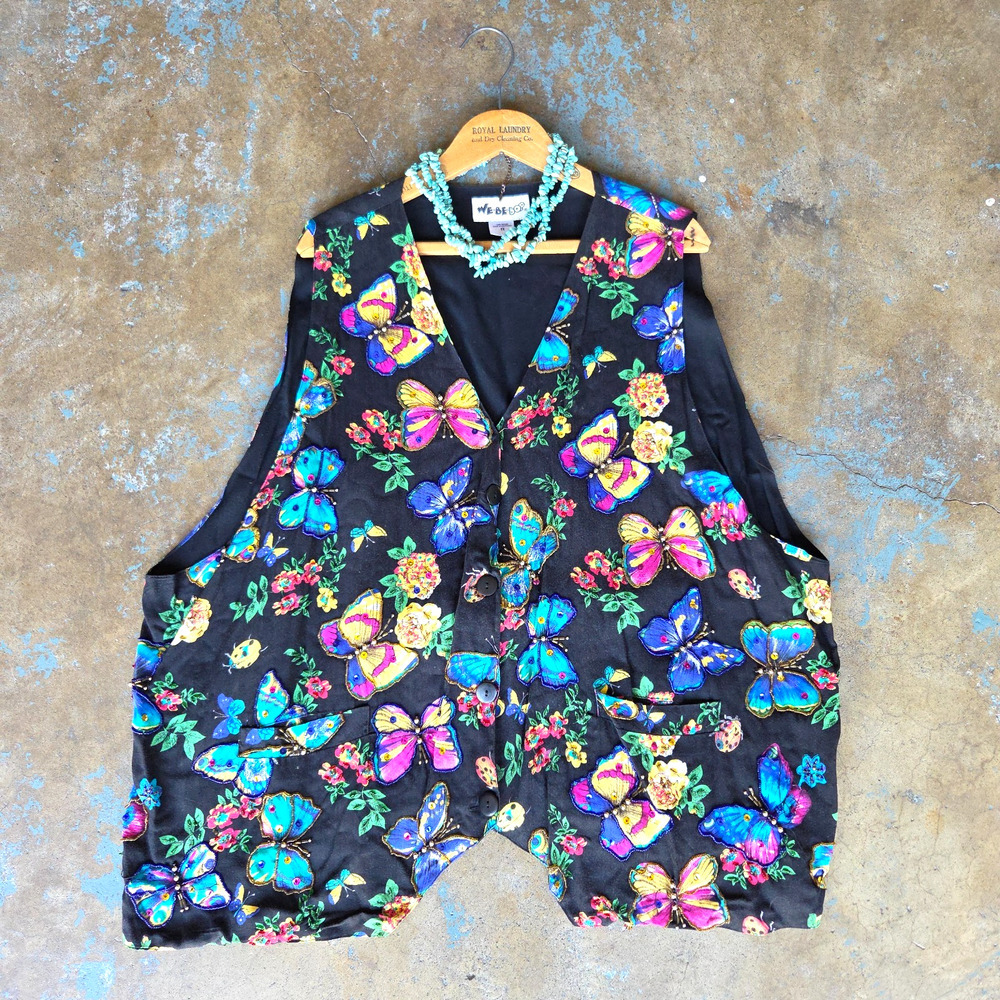 We Be Bop Butterfly Print Vest Plus Size 2X Vintage 90s Embellished Whimsical